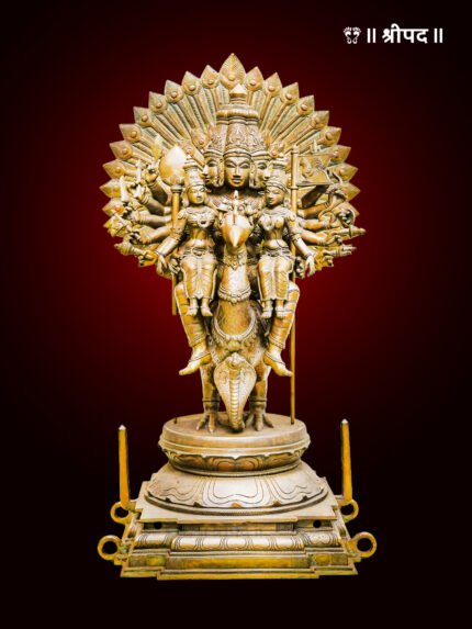 Twelve-Armed Shanmukha Murugan Seated on Peacock with Devasena and Valli | 34-Inch | Madhuchista Vidhana Panchaloha Bronze